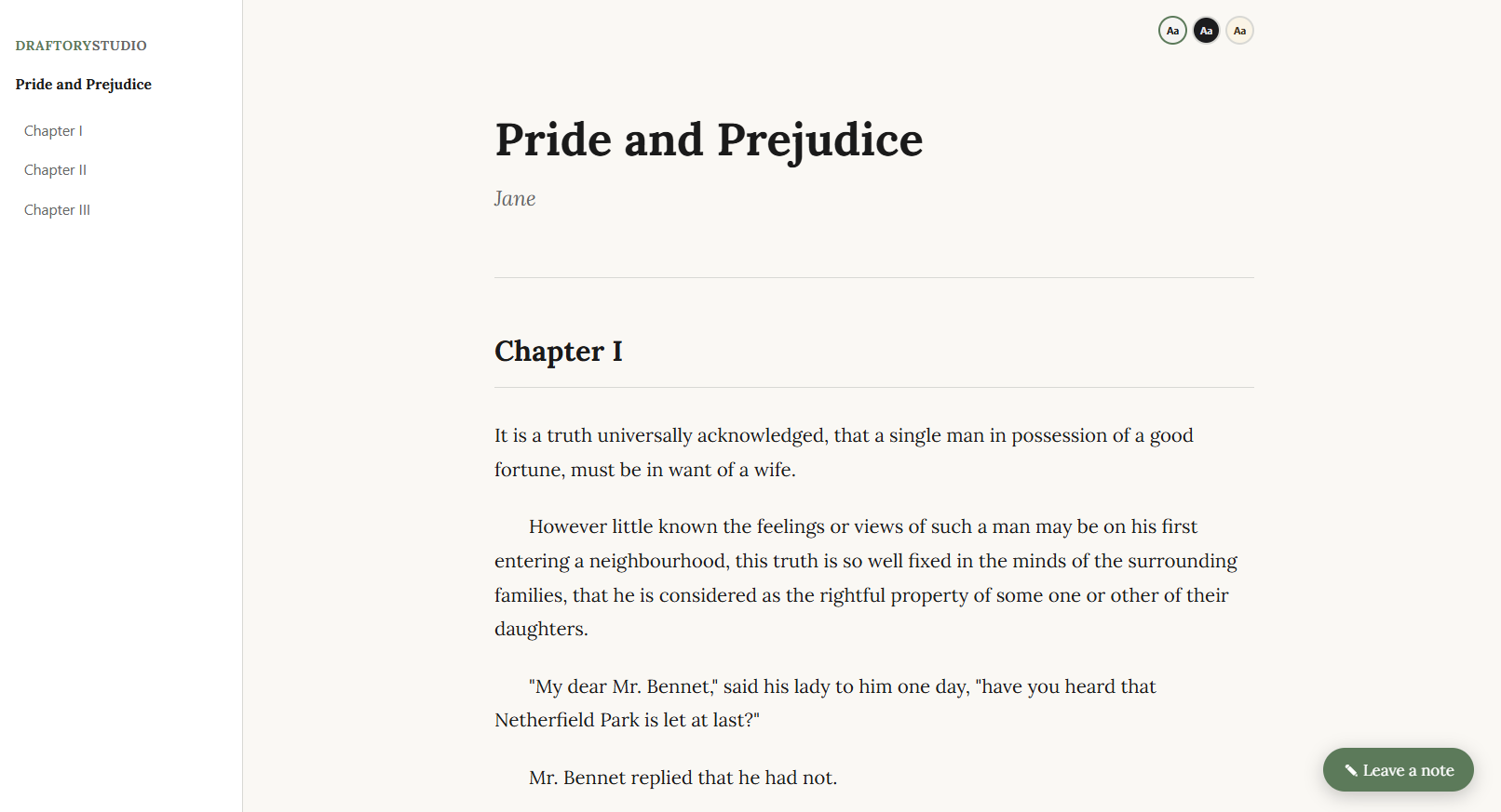 A beta reader's reading view on Draftory Studio